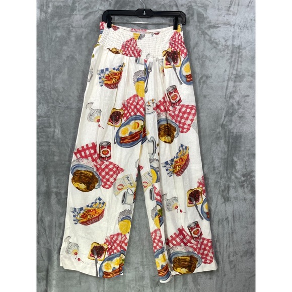 Urban Outfitters Pants - Kimchi Blue Sz S Caroline Smocked Wide Leg Linen-Blend Pant Novelty Diner Print
